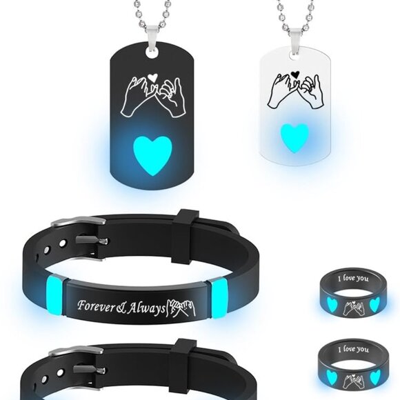 Couple Jewelry Set Glowing Heart Crown His King Her Queen Necklace Rings - Picture 1 of 6